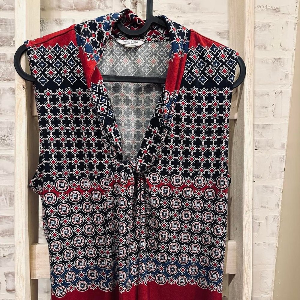 Nautica Tank Top Womens Large Multicolor Patterned Print Front Knot Sleeveless